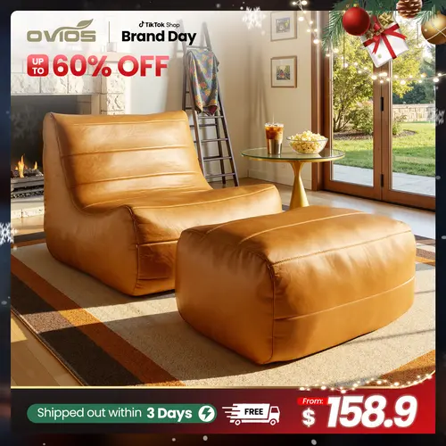 【Deals For You】Ovios Large 37" Bean Bag Chair with Ottoman for Adults, Comfy Boneless Lazy Chair Couch with Memory Foam and PU Leather , Plush Corduroy Sofa Bed for Bedroom College Dorm - No Assembly
