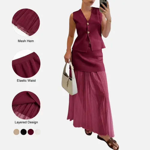 Imily Bela Womens  2 Piece Outfits V Neck Sleeveless Blazer Waistcoat and Mesh Maxi Skirt Suit Matching Sets Button Vest & Pleated  Trendy Elegant Going Out Outfit