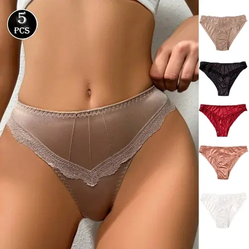 Women's 5-Pack Seamless Low-Waist Lace-Trimmed Panties - Soft, Breathable Solid-Color Lady Bridal Christmas Lace Hipster Knickers for S-Size Women