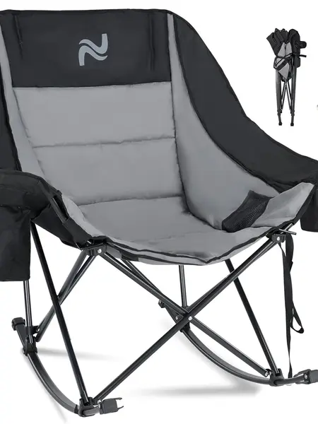 ABORON Rocking Camping Chair,XXL Oversized Folding Fully Padded Outdoor Lawn Chair with Side Pocket,Portable Recliner for Patio, Backyard, Beach,Camping,Fishing, Supports 400 lbs