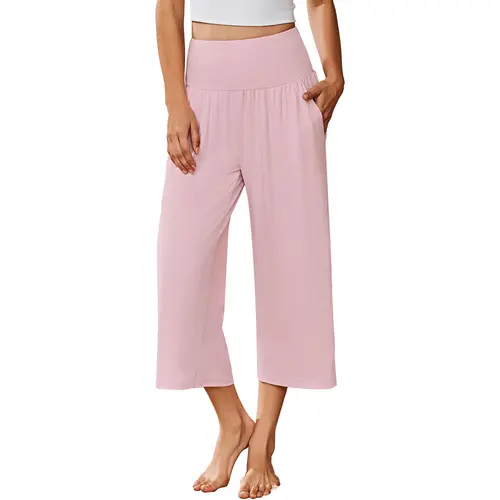 Ekouaer Women's High-Waisted Loose Polyester-Cotton-Spandex Capri Pants - Pocketted, Soft Fabric, Easy-Care, Anti-Shrinking Nightwear Sleepwear Bottoms for Lounge, Outdoor Use