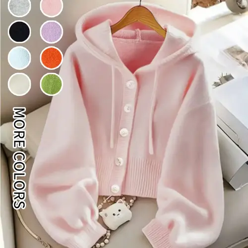 Women's Solid Button Front Hooded Knitted Cardigan, Casual Long Sleeve Knitwear for Fall & Winter, Women's Knit Clothing for Daily Wear, Tops, Womenswear, Knitting, Lady