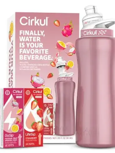Cirkul 32oz. Rose Gold Metallic Stainless Steel Water Bottle Starter Kit with Blue Lid, 2 Flavor Cartridges (1 LifeSip Strawberry and 1 GoSip Passion Fruit Dragon Fruit), Zero Calories and No Sugar