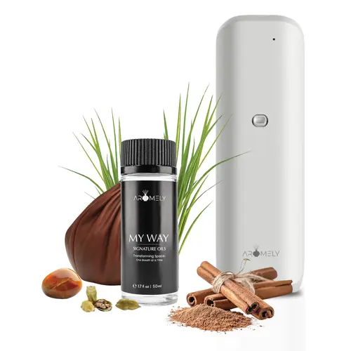 Aromely Waterless Aromatherapy Diffuser Kit - My Way Creamy Vanilla Bundle, Compact Home Fragrance Oils Bottle Set, Elegant Room Aromatizer with Spicy Amber Oil for Bedroom Spa Use