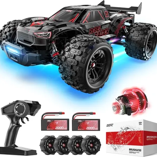 DEERC 1:14 Brushless Rechargeable Race Car - 46+ MPH 4WD Carbon Steel Off-Road Truggy, 2*3S Lipo Batteries (Packed Separately), Customizable 7 Lighting Modes, All-Terrain for Snow & Sand, Adult Toy with Cleaning Brush, Assembly Tools, 3 Months Support
