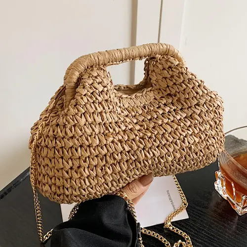 Women's Elegant Straw Bag, Fashionable Straw Crossbody Bag with Chain Strap, Casual Versatile Shoulder Bag for Daily Used, Crossbody Shoulder Purse, Bags Crossbody