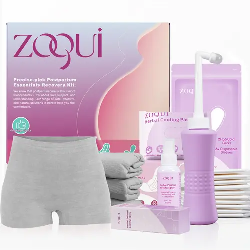 ZOQUI Postpartum Recovery Kit,New Moms Gift - Includes Postpartum Pads, Hot Cold Packs. Cooling Liners, Peri Bottle, Cooling Spray & Disposable Underwear for Comfort and Hygiene