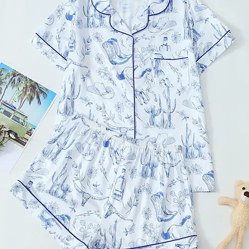 Women's All-Over Print with Short-Sleeve Top and Shorts, Comfortable Summer Sleepwear, Loungewear, Pj Set