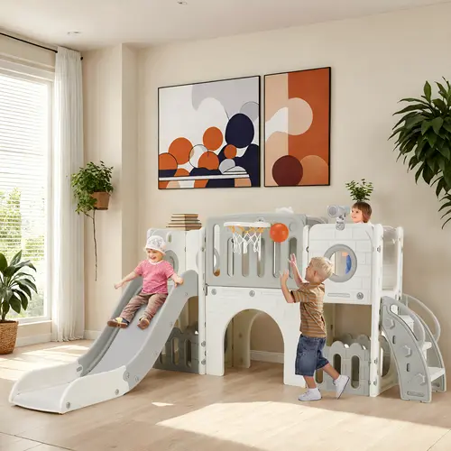 【TiktokShopStockUp】Arlopu 9 in 1 Large Toddler Slide, Kid Playset w/Long Slope, Baby Climber Set Telescope, Tunnel, Storage Space, Enclosed Steps, Indoor Outdoor Playground,