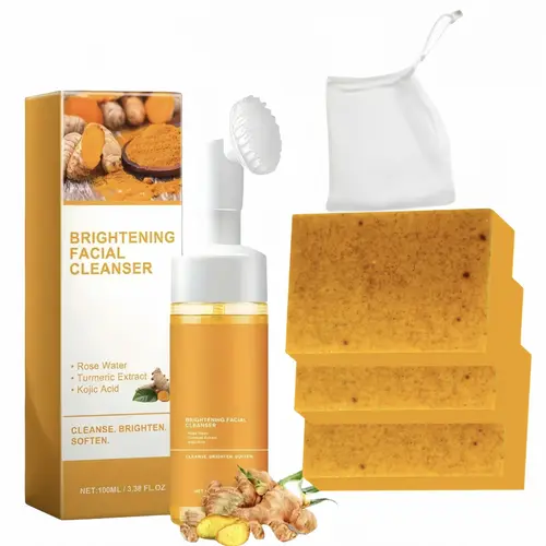 【Mother's Day Gift】Kojic Acid Turmeric Liquid Cleanser Multi-Pack - 300g Turmeric Extract Cleansing Mousse, Lemon Soap, Alcohol-Free Gentle Effective Daily Face Routine Skincare for Adults, Brightening Facial Wash for Fresh and Clean Skin