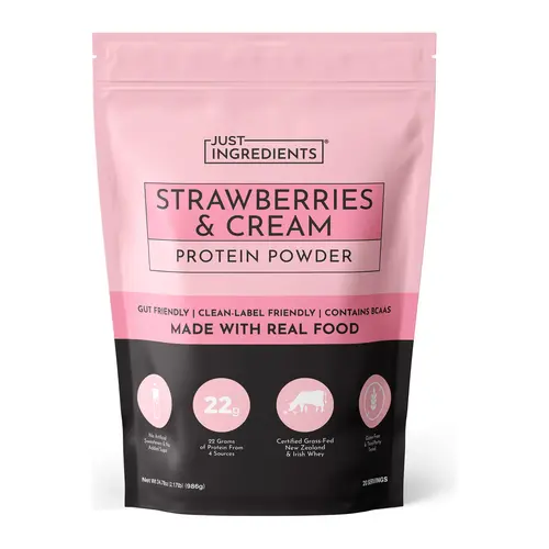 Just Ingredients Strawberries & Cream Protein Powder - 20 Serving Blend with Grass-Fed Whey & Organic Plant Proteins – Supports Muscle Recovery, Energy* - Made with Real Food Ingredients
