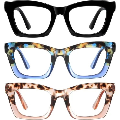 Resjok Women's 3-Pack High Quality Blue Light Blocking Retro Square with Oversized Reading Eyeglasses - Tac Plastic Full Rim, Unisex Fit, Spring Hinge, Adjustable, Eye Fashion Oprah Style, Unique Lens Clarity, Eyeglasses for Phone and Gaming