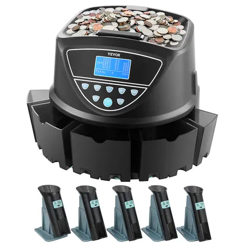 【ToolUpgrade】VEVOR High-Speed Sorting & Wrapping Accounting Supply for Cashiers/Offices, 5 USD Types, 2000 Coins Capacity, 300 Coins Per Minute, Screen Display, 5 Tubes, Boxes & Storage, Efficiency-Boosting Easy-Packaging Tool