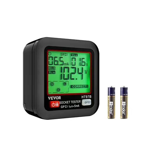 VEVOR GFCI Trip Tester with Backlit LCD Display - Voltage Tester, 3-Prong Receptacle Detector, 7 Wiring Checks, 5-Min Auto Shutoff, Low Battery Indicator, CAT II 300V Rating, Easy-to-Read, 1-Button GFCI Testing for New Buildings, Offices