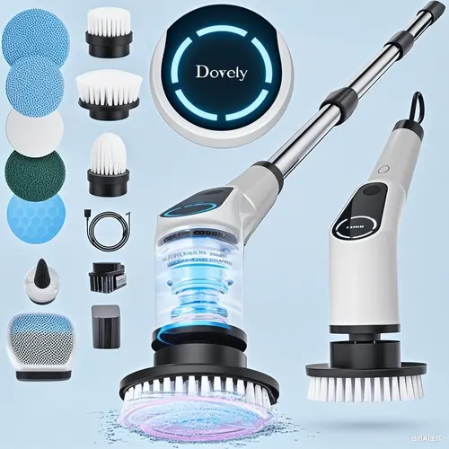 【Dovety】 Cordless Power Scrubber, Handheld Adjustable Household Cleaning Brush with 8 Versatile Heads, 3-Retractable Handle, Dual Speeds, Blue Arc Battery, Type-C Charger, Up to 90min Run, Portable Durable for Bathroom, Ideal Gift for Parents