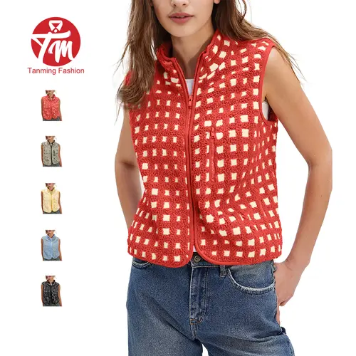 Tanming Womens Plaid Fleece Vest Sherpa Zip Up Stand Collar Sleeveless Outerwear Jackets with Pockets Casual Spring Fall Winter Work School Vacation Outfits Clothing
