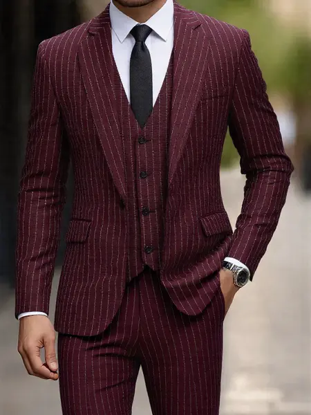 Men's Long Sleeve Pinstripe 3 - Piece Suit for Business Casual, Semi - Formal Wedding & Prom Occasions