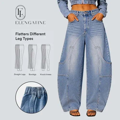 EL ELENGATINE Women's High-Waisted Cotton Denim Barrel Jeans - Light Wash Casual Baggy Wide Leg Pants, Oversized Patch Pockets, Seamed Panels, Elastic Back Waist, Classic Vintage Minimalist Streetwear, All Seasons Women's Clothes for Fall Everyday OOTD