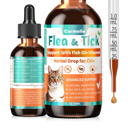 Carmelie Natural Liquid Flea & Tick Support Herbal Drops for Cats, Kittens - 60ml Bottle, Natural Ingredients, Fish Oil, Vitamins, Wormwood, Pumpkin Seed Blend, Chicken Flavor, Fur & Skin Care, No Harsh Chemicals, All Breeds (2-4 Weeks Supply)