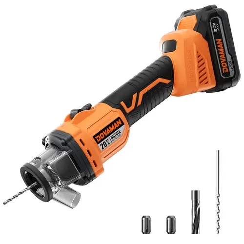 【toolupgrade】DOVAMAN 20V Cordless Cut-Out Tool Brushless Cutting Machine (DCT01A) with 98% Max 0.49” Dust Extraction System, Adjustable Depth, Tool-Free Bit Change, LED Lights, Lock-On Switch, Carry Bag, Batteries for Drywall, PVC/Plywood Cutting
