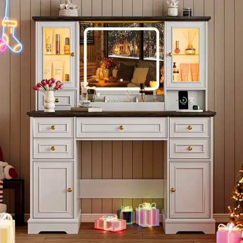 Mirror Lights Makeup Vanity Desk - Farmhouse Modern Sturdy Design, Adjustable LED Mirror, Auto-Color Changing RGB Lights Glass Cabinets, 6 Drawers Organize, Storage Shelves, 2h Assembly, 50lb Capacity, Great for Home Salons & Bedrooms, Gift Idea