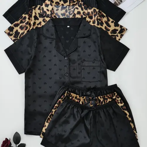Fashion Six-Piece Women's Satin Pajama Set, Comfortable Lightweight Summer Sleepwear & Loungewear Sets, Button Top and Bow Front Shorts, Casual Fitted Style, Leopard, Pjs