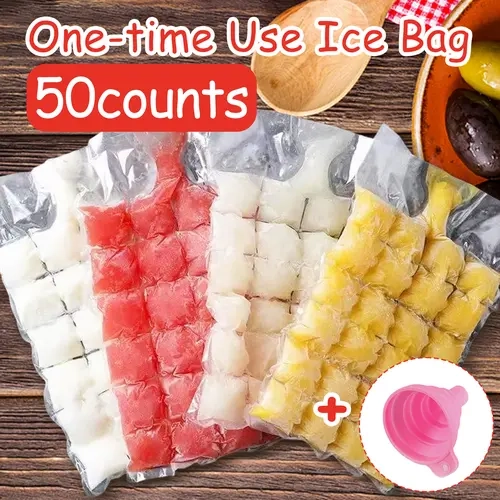 50 Counts Disposable Ice Maker Bags, Self-Sealing Freezer Trays with Funnel，Transparent Cold Ice Pack Cooler Bag，Self-Seal Freezing Maker,Stackable Easy Release Ice Cube Mold Trays for Cocktail Food Wine Ice Ball Molds Reusable Ice Ring
