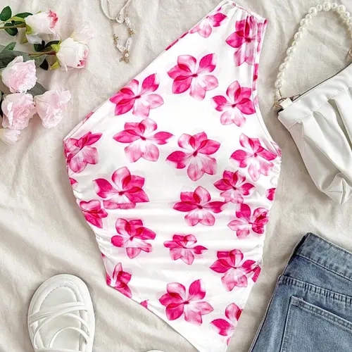 Women's One-Shoulder Asymmetrical Neck Pleated Floral Print Tank Top Fabric, Casual Holiday Style Backless Top