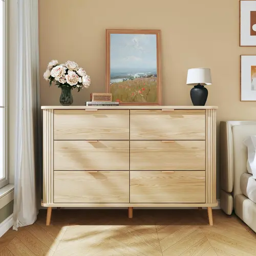 Fluted 6 Drawers Dresser for Bedroom, Mid Century Modern Closet Dresser & Chests of Drawers, Curved Profile Design, Dresser TV Stand, Wood Storage Dresser for Living Room, Entryway, Hallway, Oak