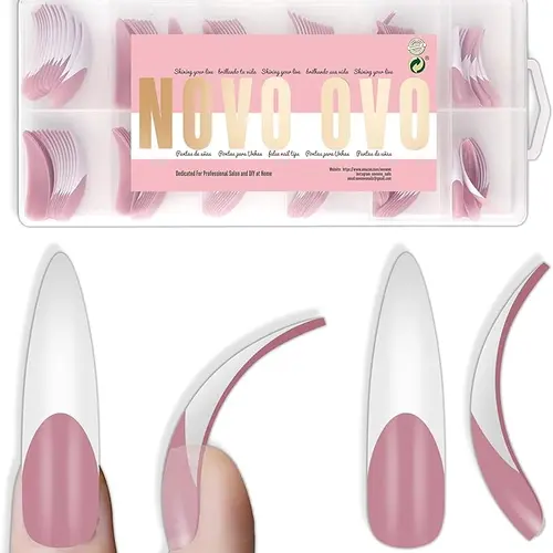 NOVO OVO Acrylic Press on Nails, 144-Pcs XXL Curved Stiletto Almond Soft Gel Full Cover Berry Pink French Tip for Extension, Gel & Manicure at Home, Almond Tip False Nails & Accessories