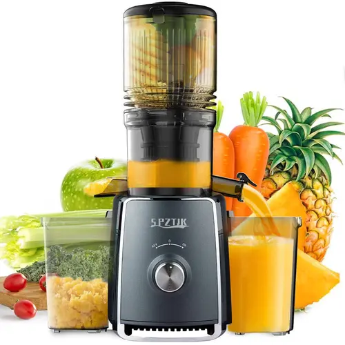 SPZTJK Cold Press Slow Masticating Juice Extractor, 5.3" Chute Oversize Feeder Mouth, 300W Silent Motor Countertop Juicer, Auto Pulp Separation, Polycarbonate Build, Safety Lock, Simple to Use Easy to Clean for Batch Juicing