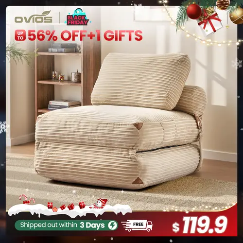 【Deals For You】OVIOS 36" Boneless Chaise Lounge, 3-in-1 Convertible Folding Sofa Bed with Pillow & Lumbar Support, Oversized Sleeper Chair & Floor Couch for Living Room, Bedroom & Apartment, No Assembly Required