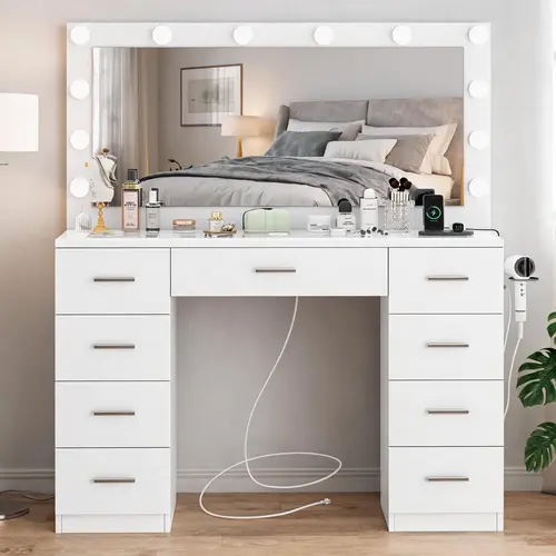Fabiula Lighted Makeup Vanity Desk - Modern Glass Desktop Full-Size Luxury Furniture with 9 Drawers, 12 LED Lights, Adjustable Flexible Mirror, Storage, Sturdy Build for Bedroom, Bathroom; Room Decor, Apartment Furniture, Bedroom Items, Reading Use