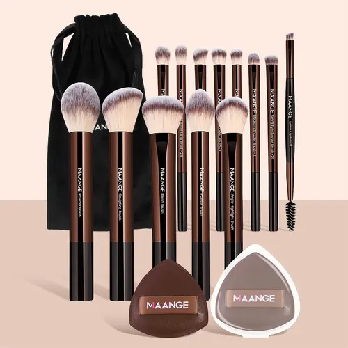MAANGE Coffee Brown Only Brushes Synthetic Cosmetic 13-Brush Variety 13pcs Beauty Cosmetics Kits with 2 Powder Puffs, 1 Storage Bag, Blurring Tools, Women's Valentine's Day Gift