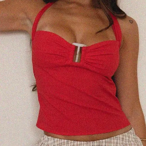 Women's Solid Color Hanging Neck Crop Top, Casual Flattering Sleeveless Cropped Top for Summer, Women's Clothing for Daily Wear, Casual Sleeveless Tops