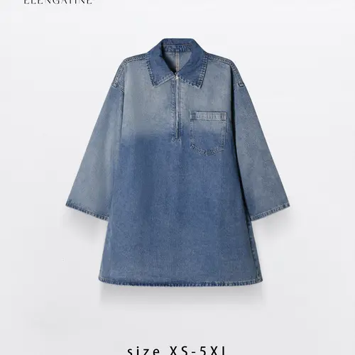Elengatine Women's Denim Dress Half-Zip Collared Vintage Washed Blue Loose Fit Long Sleeve One Chest Pocket Trendy Casual Top for Daily Wear & Street Style Looks - Chic Autumn and Winter - Womenswear Suitable for all people,Size XL-5XL