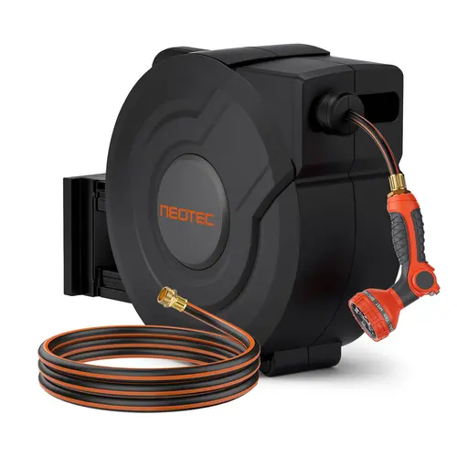 【toolupgrade】NEOTEC Heavy Duty Wall-Mounted Retractable Leak Proof Hose Reel, 1/2in 100ft+6.5ft 3-Layer PVC Hose, 3/4in Brass Fittings, 9-Pattern Nozzle, Auto-Slow-Pull Rewind, Any-Length Lock, 180° Swivel Bracket, Outdoor Gardening Tool Accessory