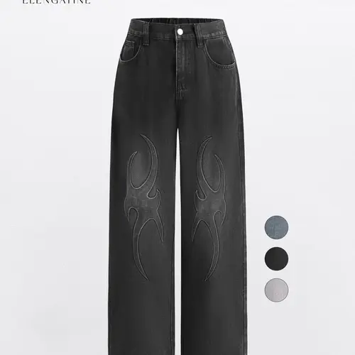EL Elengatine Women's Embossed Flame Pattern Denim Jeans - Light Wash, Loose Wide Leg, Elastic Waistband, Y2K Streetwear Inspired, Soft Viscose Cotton Polyester Blend, Retro Stylish Women's Wear Clothes, Casual Everyday Standout Piece