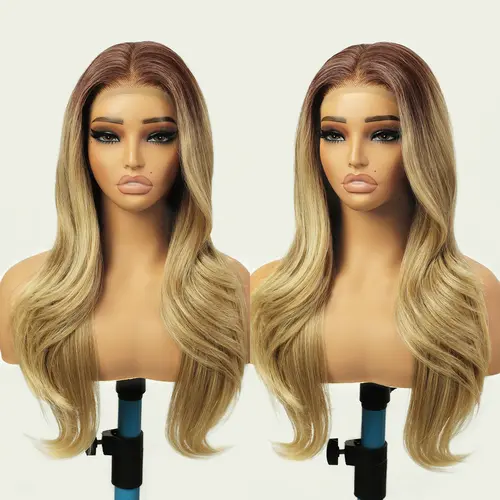 N NAYASA Women's 13*4 Lace Front Synthetic Blonde Wig - 26in Glueless Ombre Layered Curly Wavy Hair with Baby Hair & Pre-Pluck, Natural Looking Wig for Adults Female Fashion Accessories, Natural Looking Wigs