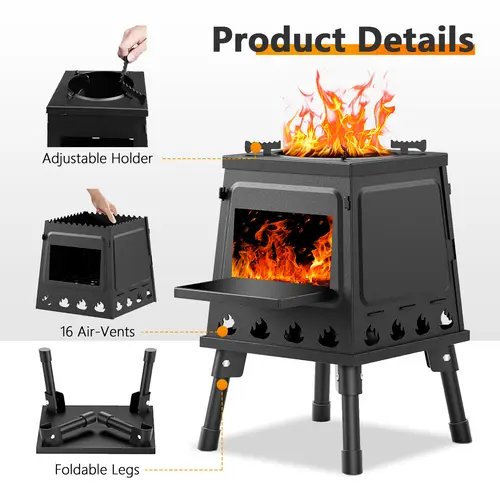 Portable Cast Iron Wood Stove - Rust-Safe Firebox, Food-Safe, Black Durable Metal Construction, Integrated/Built-In Pot, No Extra Gear, Compact Efficient Design, Woodfire Grill, Camping Outdoor Cooking Essentials for BBQs, Sohochic