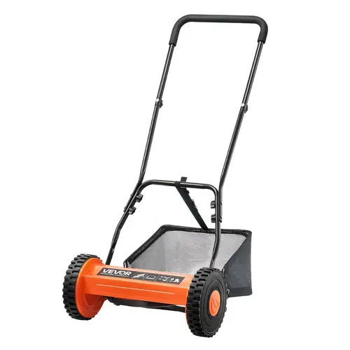 VEVOR 14-in Grass Cutter, 5 Lawn Mower Blades, Cushioned U-Handle, 14in Wide Passes, Adjustable Height, Grass Catcher Bag, Easy Assembly - Pull-Back Unstick Eco-Friendly Quiet Push Tool for Small Yards, No Gas/Battery Needed