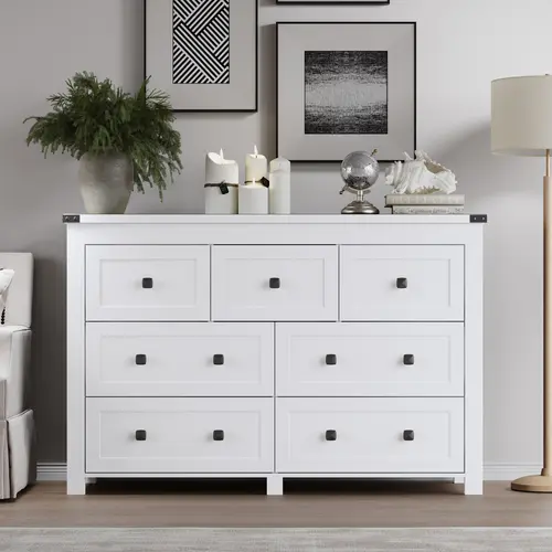 Farmhouse 7-Drawer Engineered Wood Dresser - Durable Furniture Drawer Dresser with Metal Handles, Thick Base, 47.2×13.8×29.5 Inches Rectangle Modern Accent Cabinet, TV Cabinet Table TV Stand, Brown Home Storage Organizer, Assembly Required