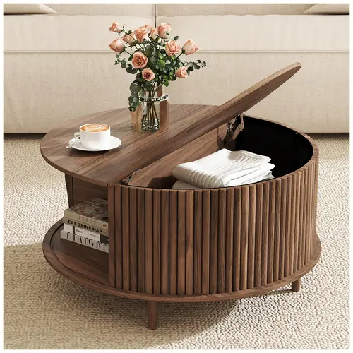 Solid Walnut & Engineered Wood Round Midcentury Retro-Modern Accent Coffee Table - 31.5 inches, Space-Saving Lift-Top, Hidden Storage, Thick Legs, Waterproof Finish, Easy Care/Setup, Assembly Required, Instructions Included, Living Room/Studios Furniture