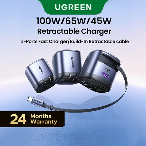 UGREEN 3-in-1 Compact GaN Wall Charger-45W/65W/75W/100W Model,Foldable Plug,Retractable USB-C Super Fast Charging, Cellphone Protection, Portable Charger for iPhone 17/16 Series, Galaxy,Pixel,iPad,Cordless,Cable Management,tiktokshopfalldealsforyou