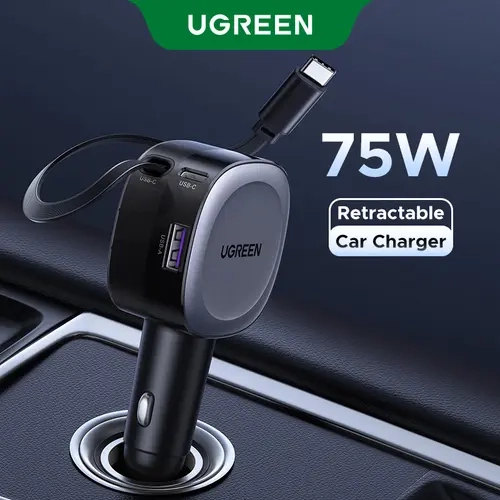 UGREEN 75W Compact Retractable 3-Port Multifunctional USB-C Car Charger - Fast Charging Multifunctional Charger for iPhone 17/16, Auto Accessories, 24-Month Support, Travel Essential Gift for Men (September Restock, TikTok Shop Back to School Deal)