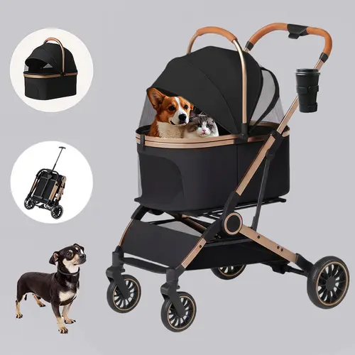 PAWPUBBY Foldable Puppy Stroller - 4-Wheel Outdoor Animal Carrier for Dogs/Cats, Waterproof Fabric, 360° Swiveling Front Wheel, Shock Absorber, Storage Basket, Cup Holder, Hook-and-Loop, Incline Brake Protection, Breathable Mesh Windows (Up to 50lb)