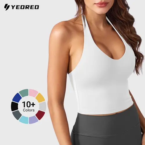 YEOREO Women's Halter Crop Athletic Top - V-Neck Padded Bra, Sleeveless Backless Breathable Casual Workout Top for Summer Gym & Chic Cute Going Out Use (Hazel Sohochic), Casual Workout Tops