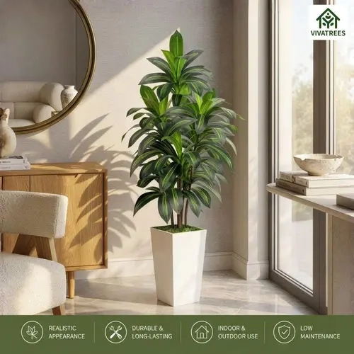 5FT/6FT Artificial Dracaena Tree with 15.7" White Planter, 60" Tall Faux Potted Plant with Lifelike Green Leaves for Indoor & Outdoor Home, Office & Living Room Decor