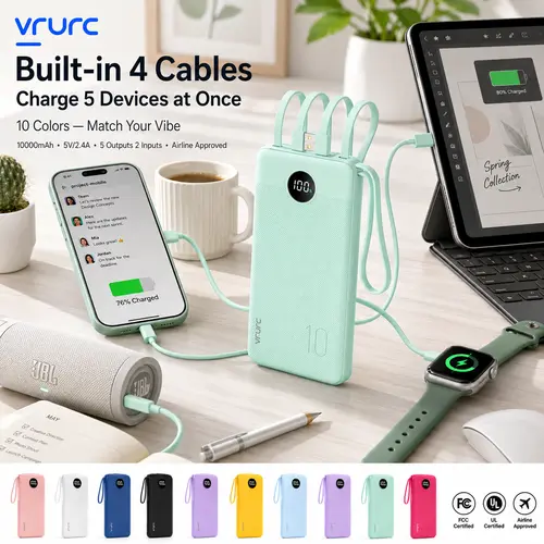 VRURC 10000mAh Portable Power Bank - Rechargeable Smartphone Gadget with 4 Built-in Type-C/USB-A Cables, LED Display, Advanced Safety Features, Multi-Device Charging for iPhone/Android, Green - Ideal for On-the-Road, EDC (Batteries, Cells Included)