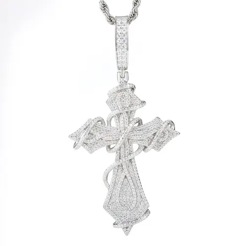 UCCIYO S925 Sterling Silver Auspicious Cross Pendant Necklace - Detailed Vine Synthetic Moissanite Bling Design, Unisex Adult Jewelry Gift (Cross Necklaces #P682)